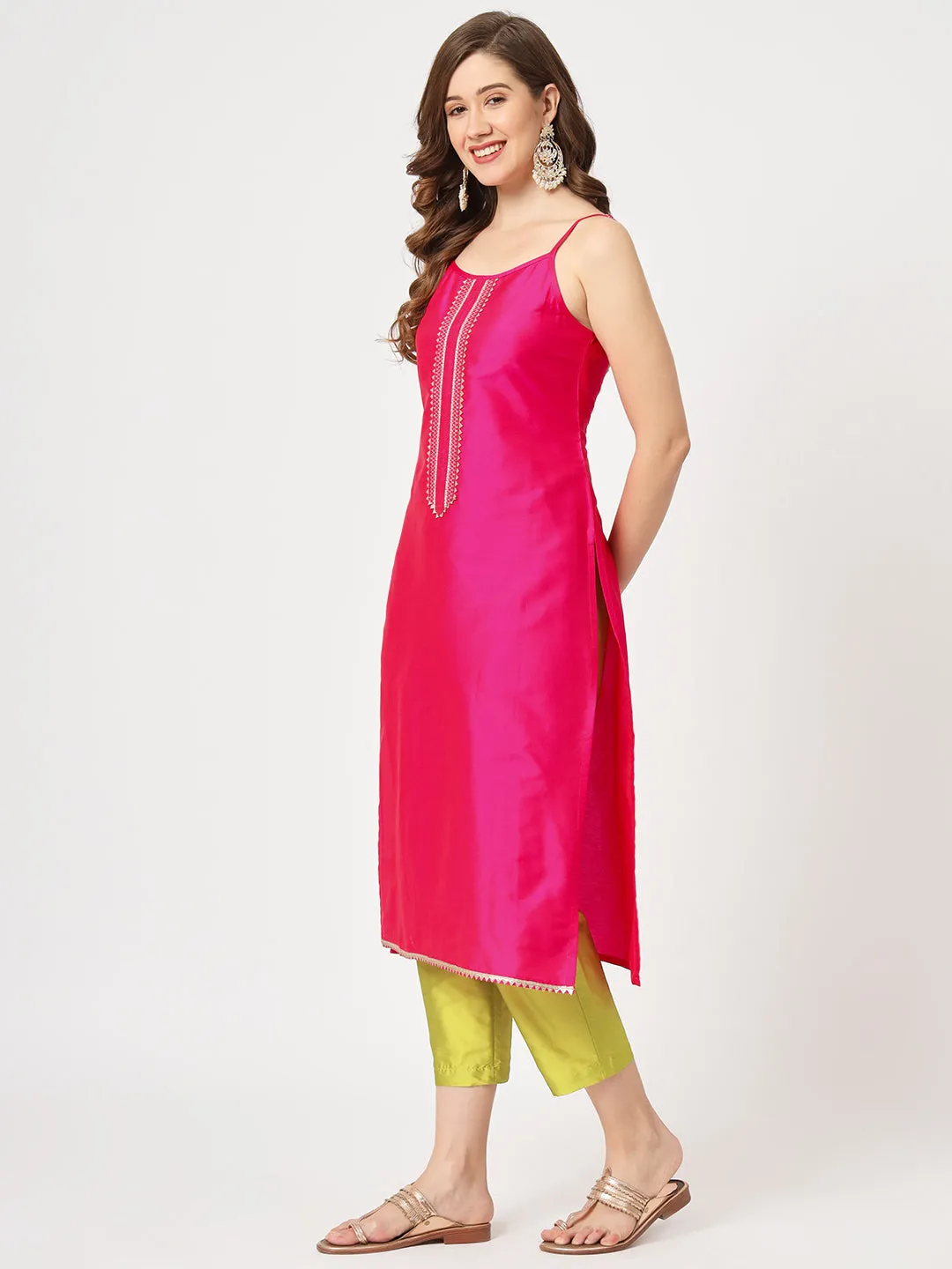 Festive Embroidered Strappy Kurta With Contrasting Pants