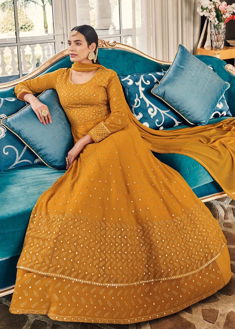 Festive Embroidered Yellow Elegant Georgette Anarkali Suit