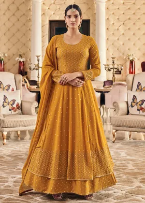 Festive Embroidered Yellow Elegant Georgette Anarkali Suit