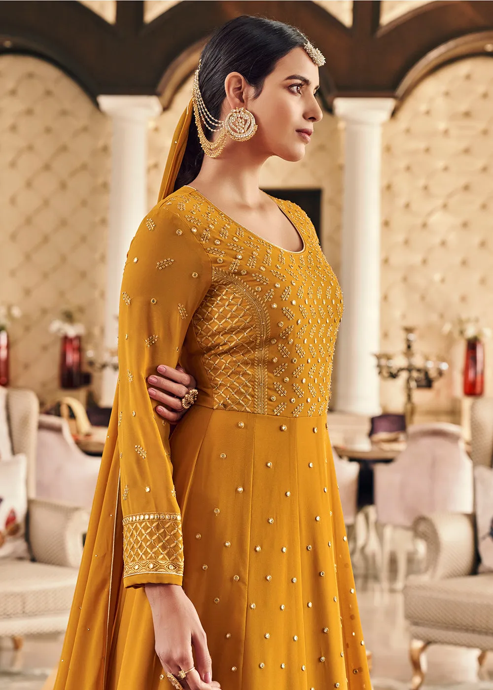 Festive Embroidered Yellow Elegant Georgette Anarkali Suit