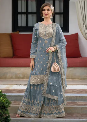 Festive Glam Bluish Grey Heavy Silk Sharara Suit