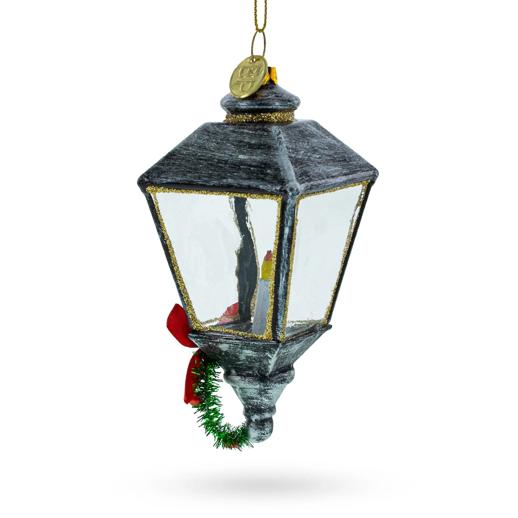 Festive Lantern With Red Bow - Blown Glass Christmas Ornament