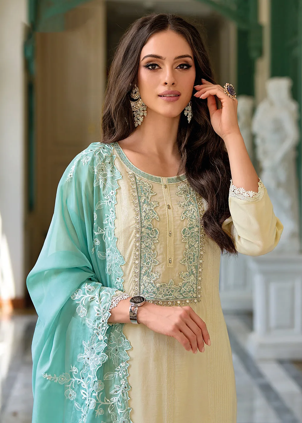 Festive Organza Cream Embroidered Salwar Kameez