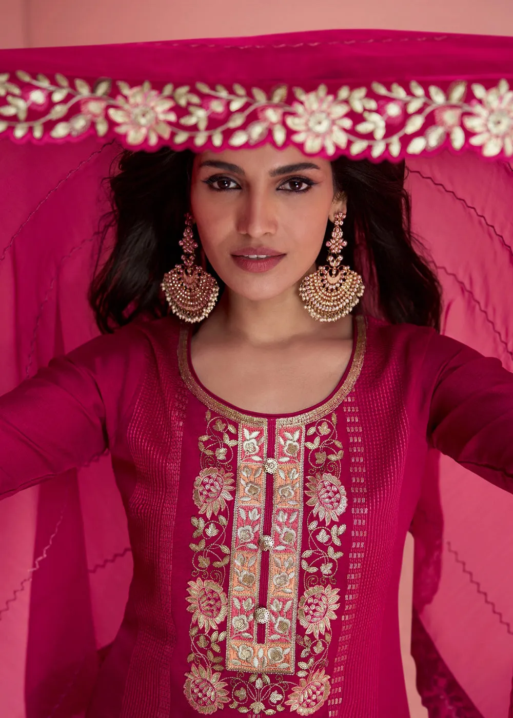 Festive Rani Pink Embroidered Premium Silk Palazzo Suit