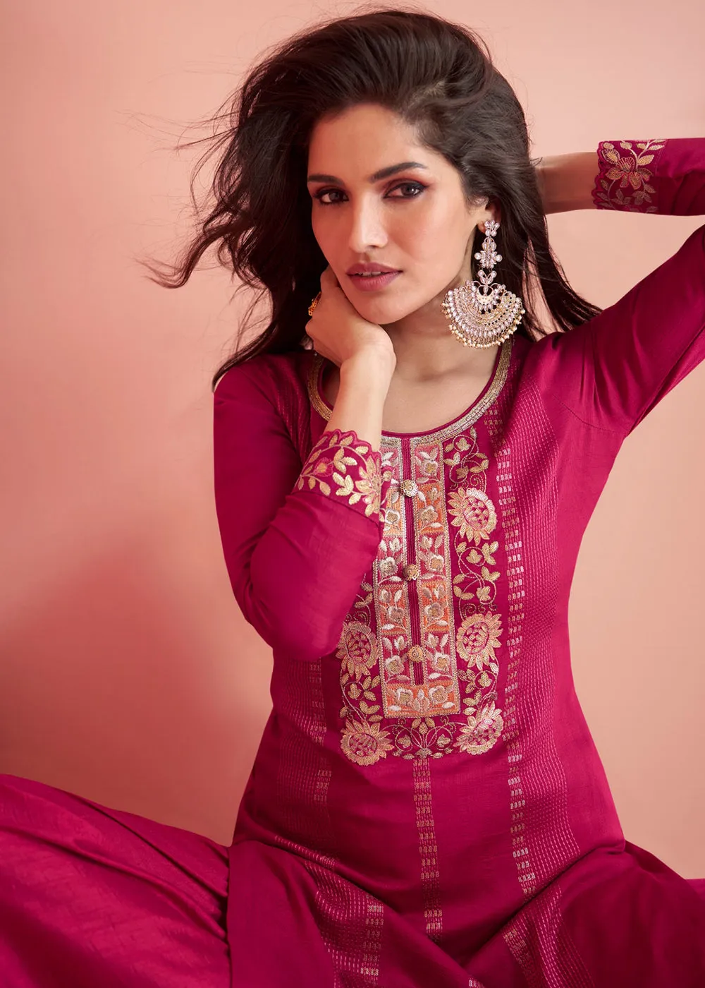 Festive Rani Pink Embroidered Premium Silk Palazzo Suit