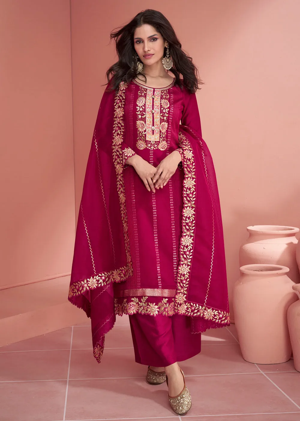 Festive Rani Pink Embroidered Premium Silk Palazzo Suit