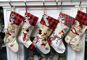 Festive Reindeer 3 Snowmen Cardinals Personalized Christmas Stockings Christmas Plaid Buffalo Check Burlap Country Kids & Family Xmas 2022