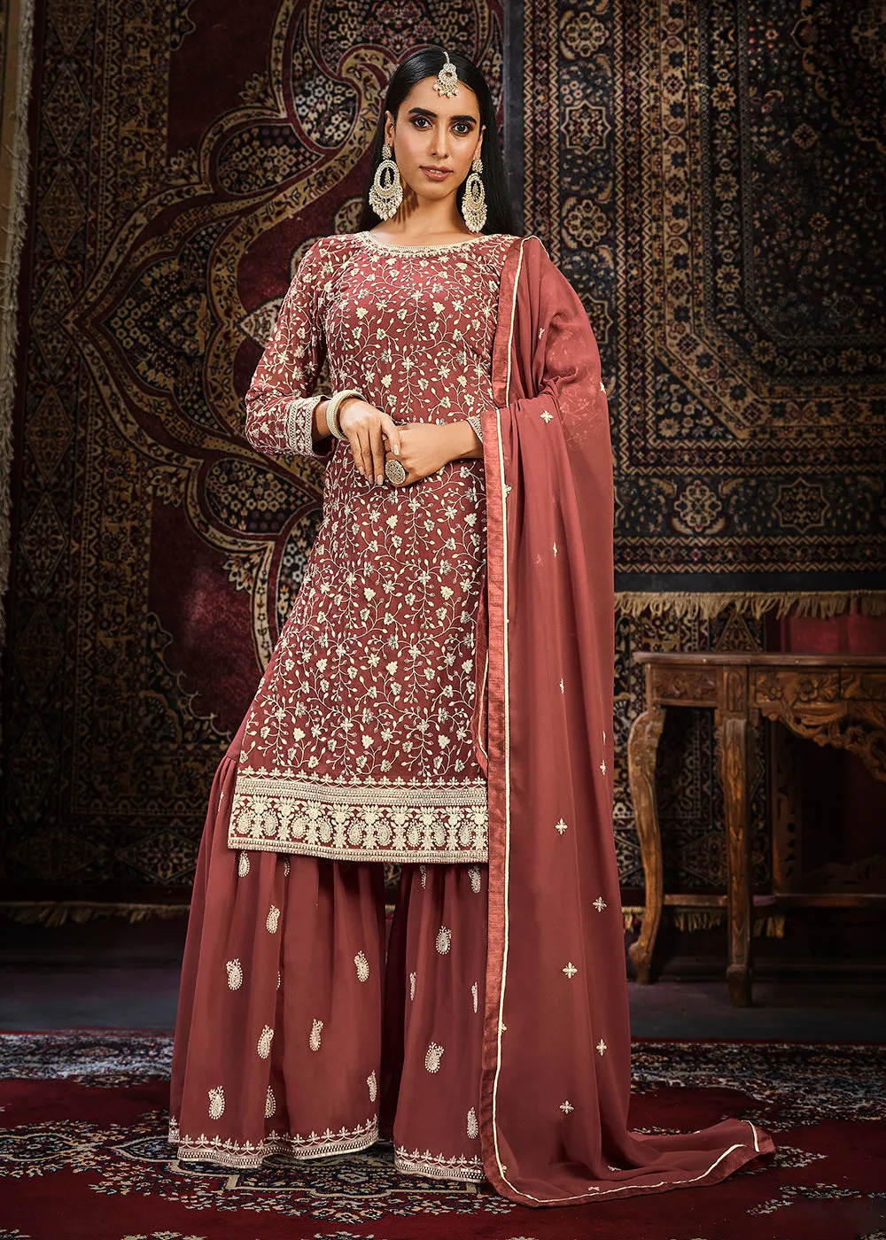 Festive Rust Color Faux Georgette Palazzo Salwar Suit