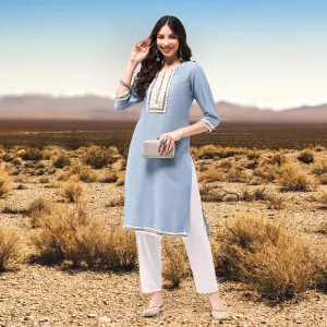 Festive White Embroidered Neck-Patch Kurta With Laces