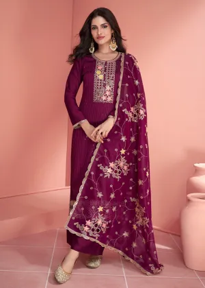 Festive Wine Embroidered Premium Silk Palazzo Suit