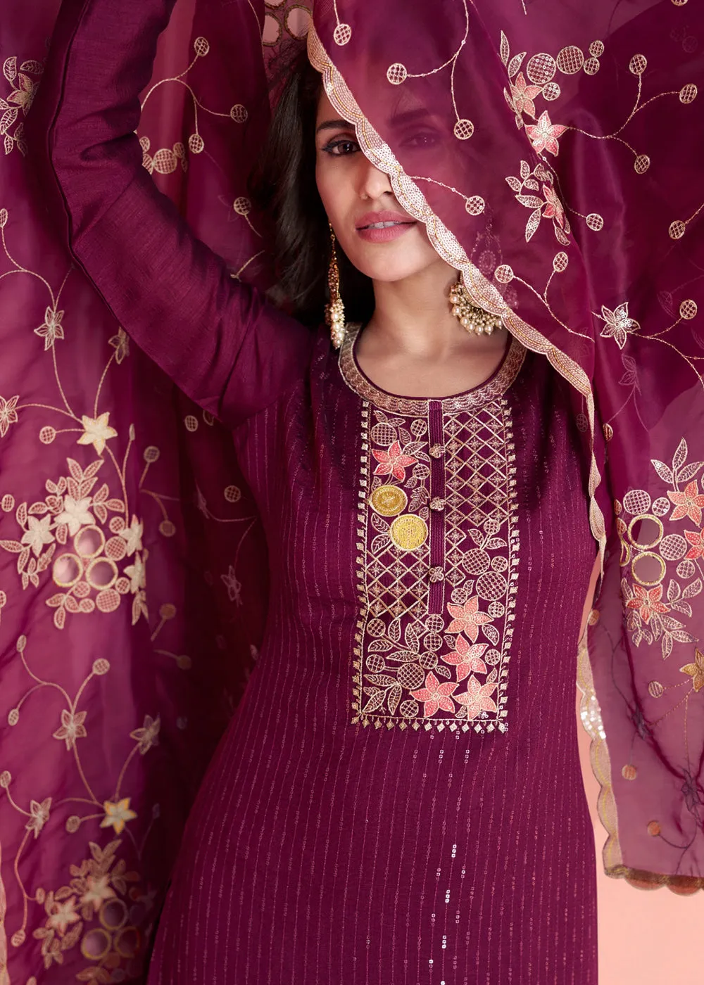 Festive Wine Embroidered Premium Silk Palazzo Suit