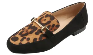 Feversole Women's Fashion Trim Deco Loafer Flats Black Leopard Faux Suede