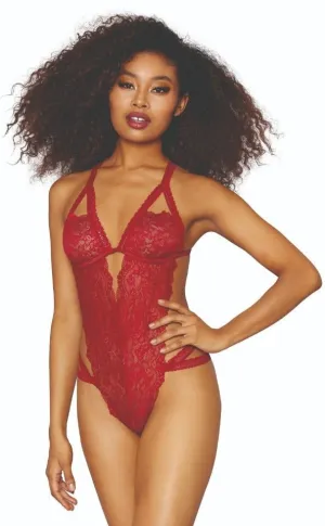 Fiery Red Crotchless Lace Teddy