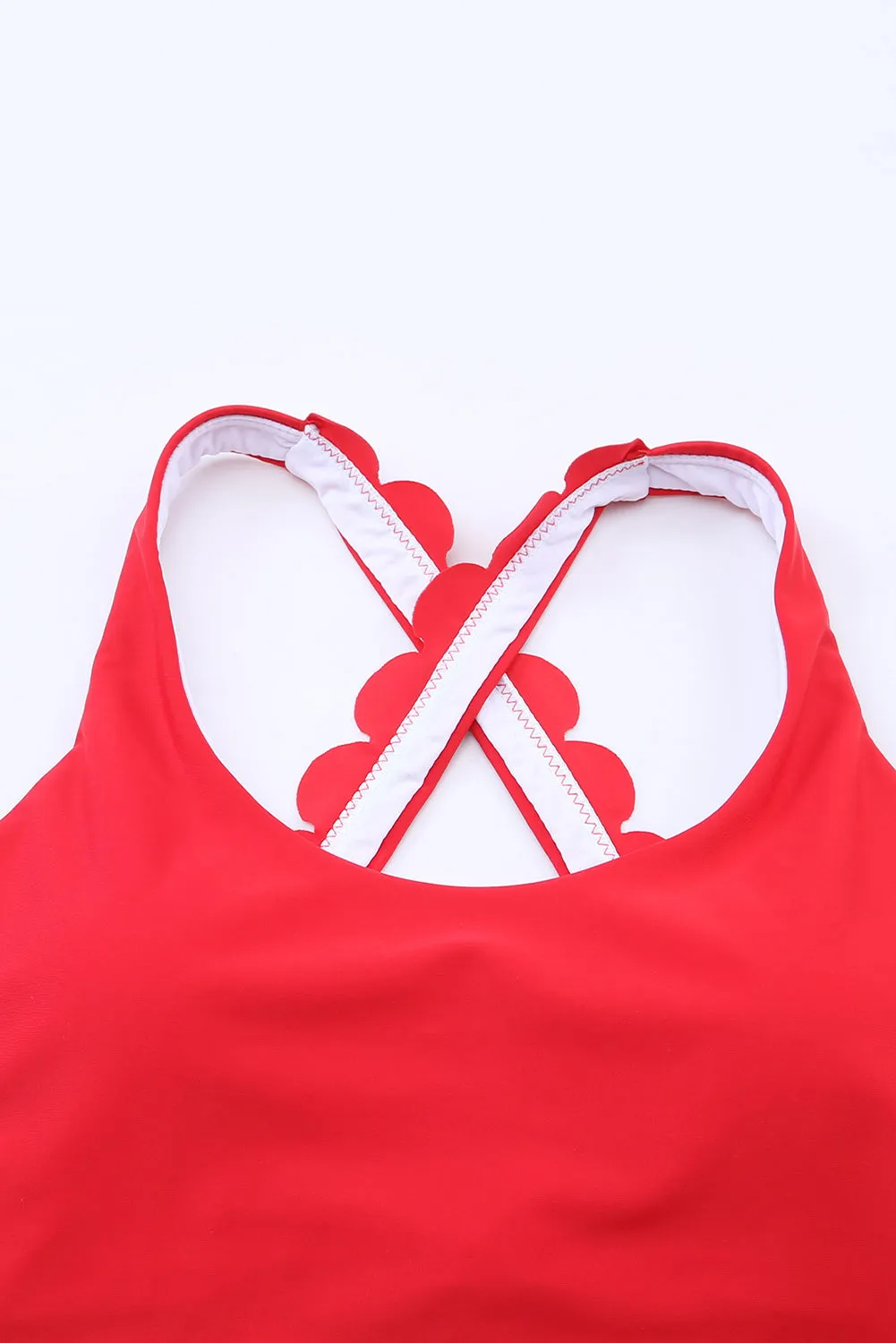 Fiery Red Scallop Hem Cross Straps Cropped Bikini Top