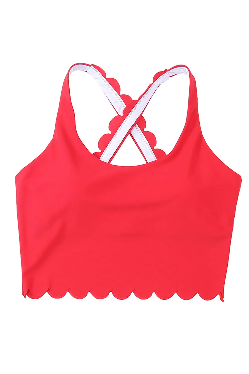 Fiery Red Scallop Hem Cross Straps Cropped Bikini Top