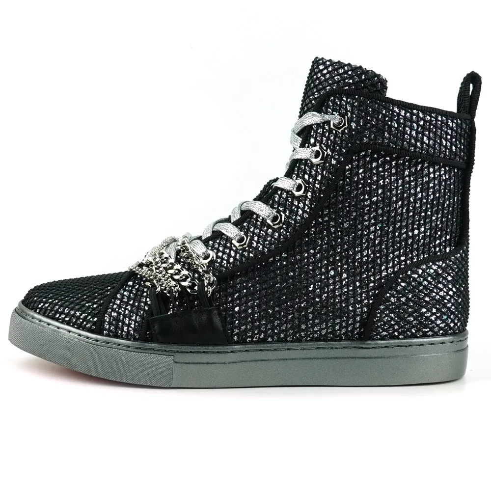 Fiesso Black Silver Chained Crystal High Top Sneakers