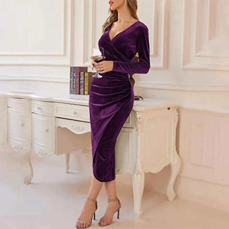 Figure-Flattering Ruched Long Sleeve Velvet Bodycon Dress for Women