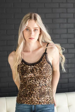 FINAL SALE - Leopard Satin Lace Built In Bra Padded Cami Crop Tank