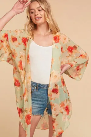 FINAL SALE -  Sage Watercolor Floral Chiffon Open Kimono