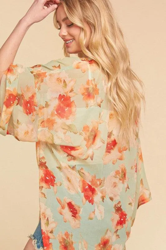 FINAL SALE -  Sage Watercolor Floral Chiffon Open Kimono