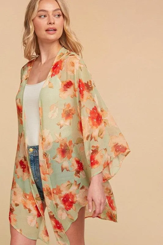 FINAL SALE -  Sage Watercolor Floral Chiffon Open Kimono