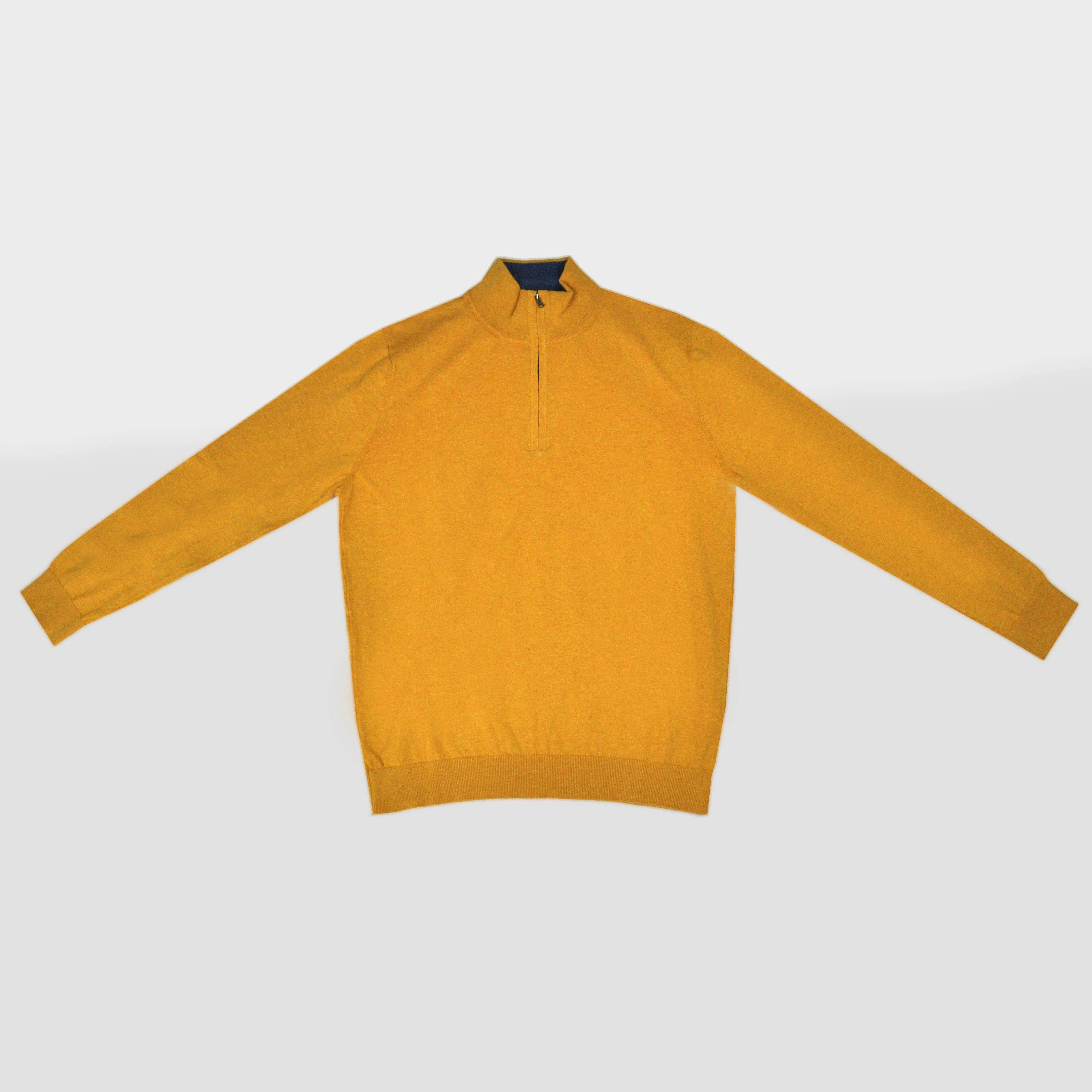 Fine Cotton Quarter Zip Collar in Mustard with Blue Collar