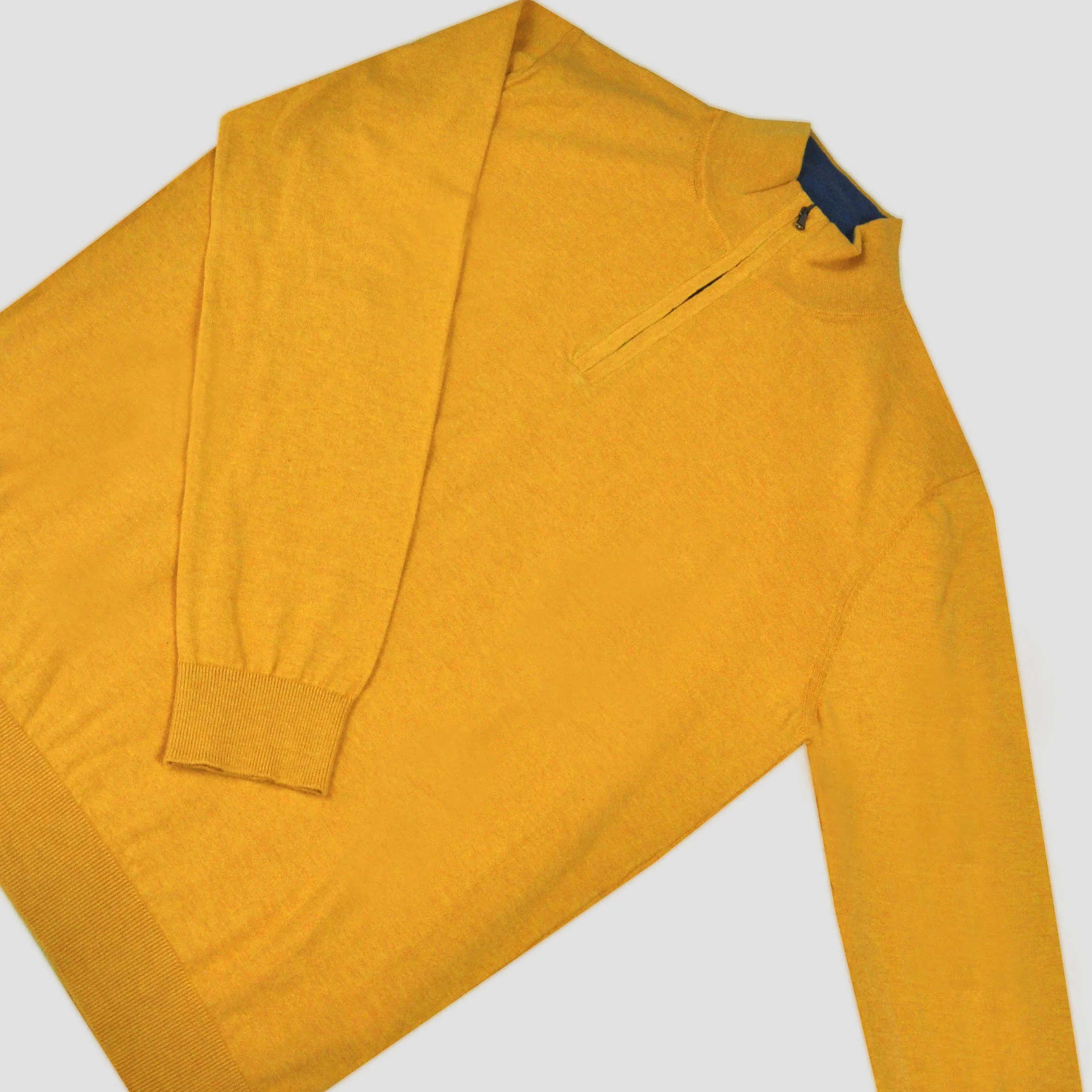 Fine Cotton Quarter Zip Collar in Mustard with Blue Collar