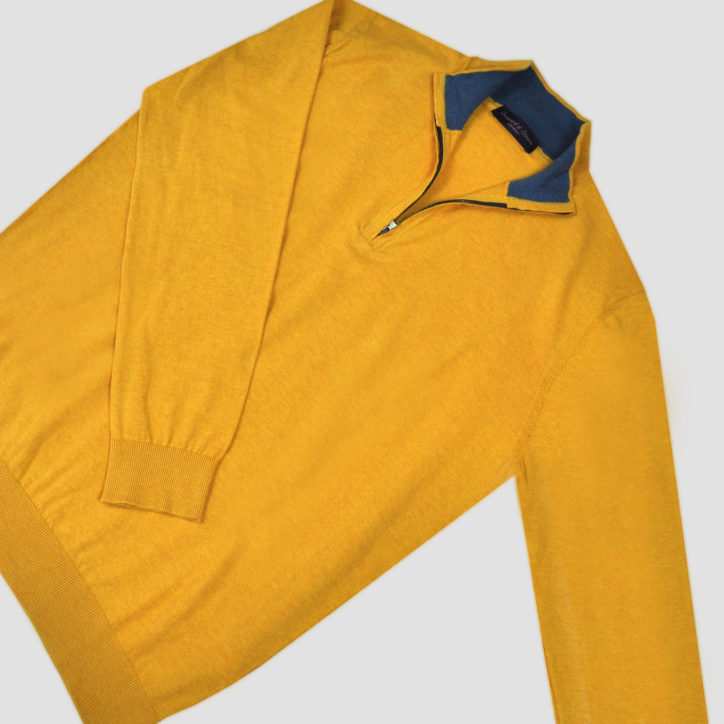 Fine Cotton Quarter Zip Collar in Mustard with Blue Collar