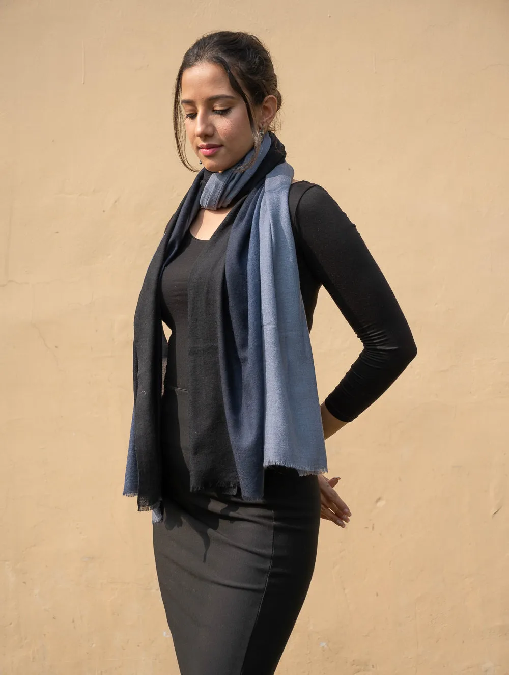 Fine, Soft Kashmiri Ombre Wool Stole - Shaded Grey Black