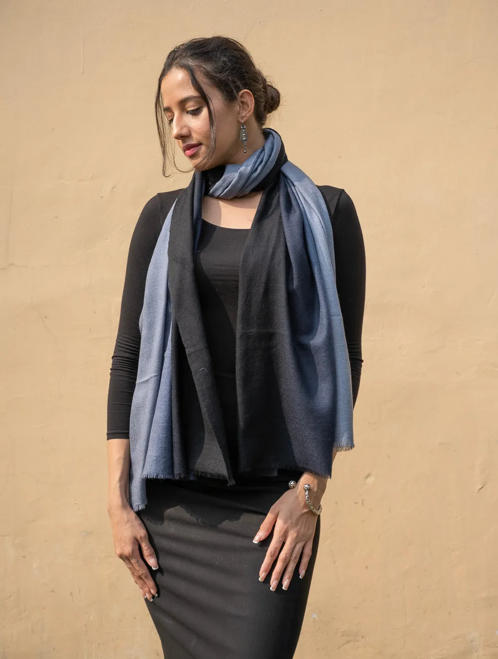 Fine, Soft Kashmiri Ombre Wool Stole - Shaded Grey Black