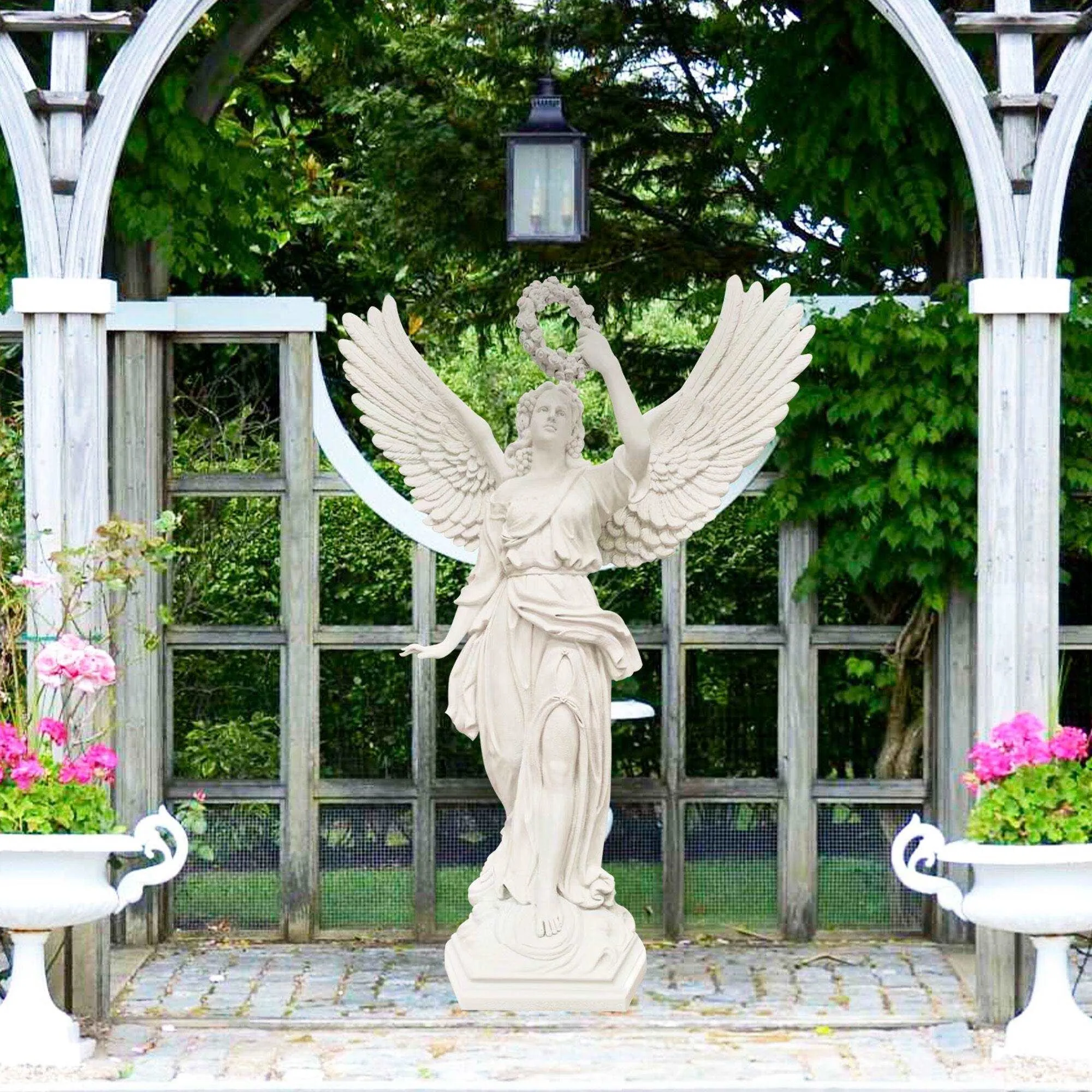 FINEST Life Size Fiberglass Statue Angel Holding Flower Ring For Sale FF-006