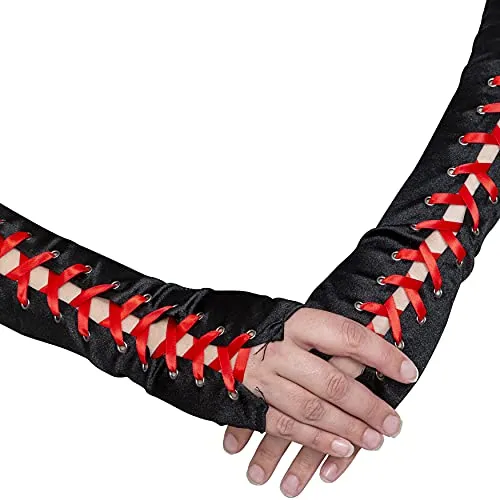 Fingerless Lace Up Gloves -  Long Black Costume Elbow Arm Warmer Accessories with Red Satin Laced Tie for Dress Up