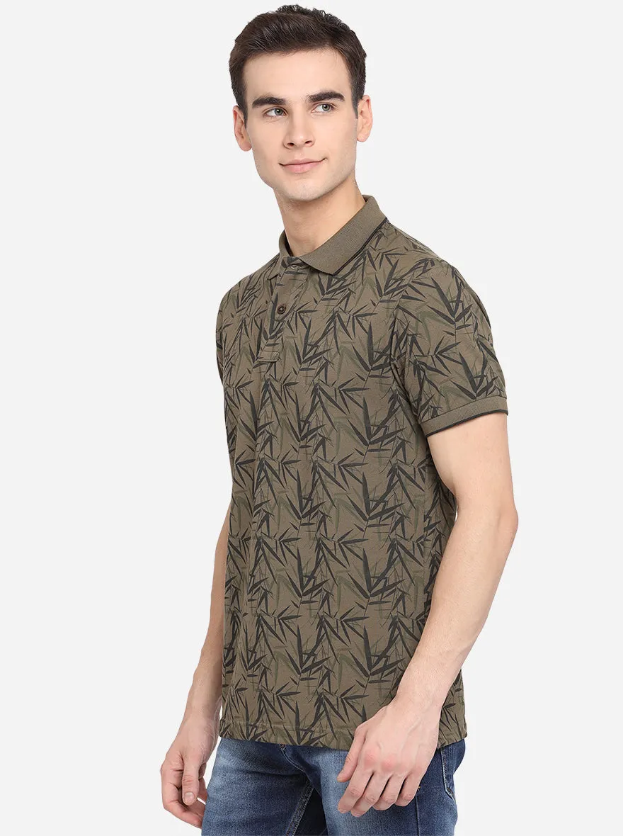 Fir Green Printed Slim Fit Polo T-Shirt | Greenfibre