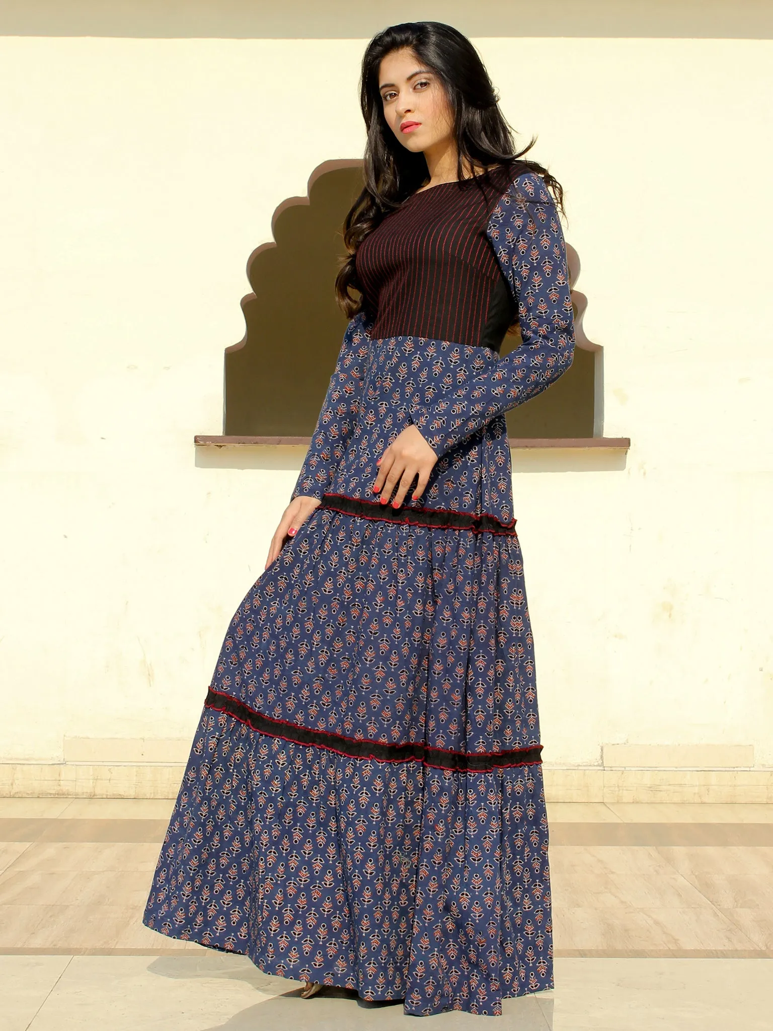 Firoza - Ajrakh Hand Block Printed Long Tiered Dress - D402F1517