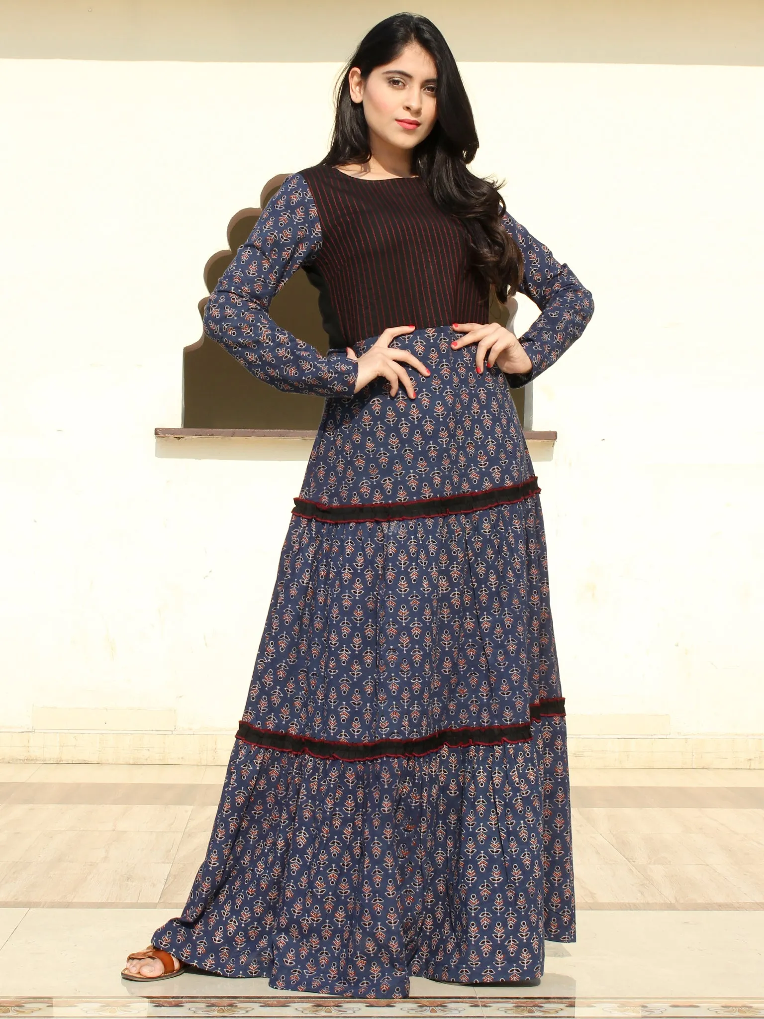 Firoza - Ajrakh Hand Block Printed Long Tiered Dress - D402F1517