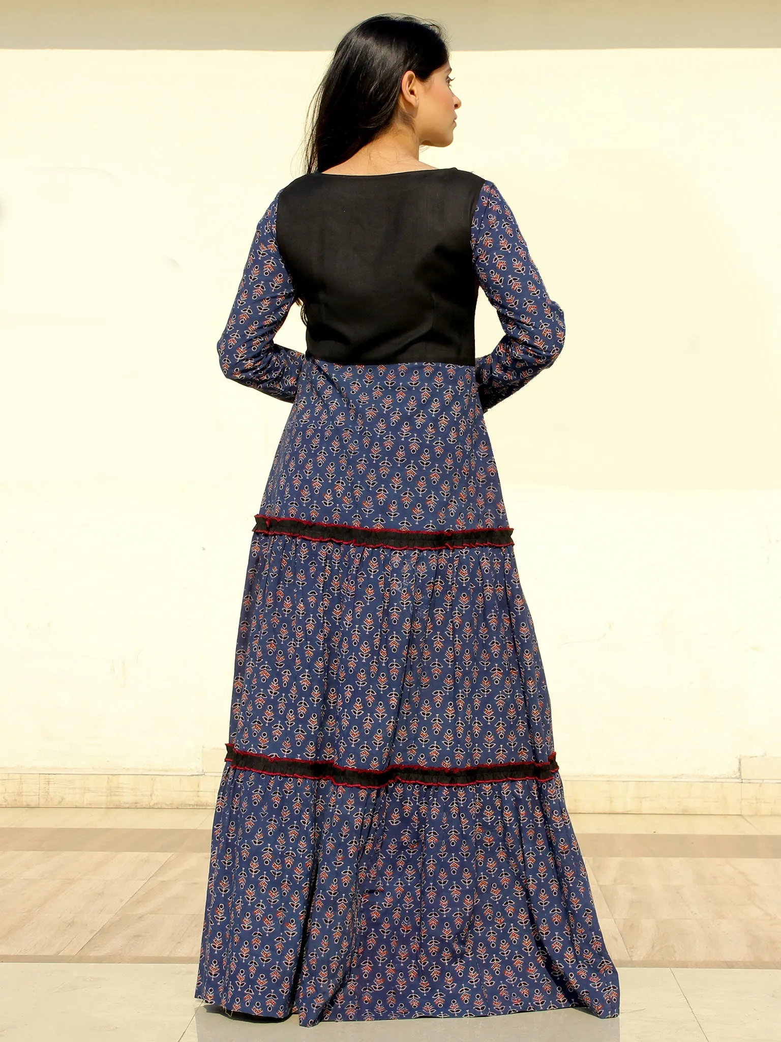 Firoza - Ajrakh Hand Block Printed Long Tiered Dress - D402F1517