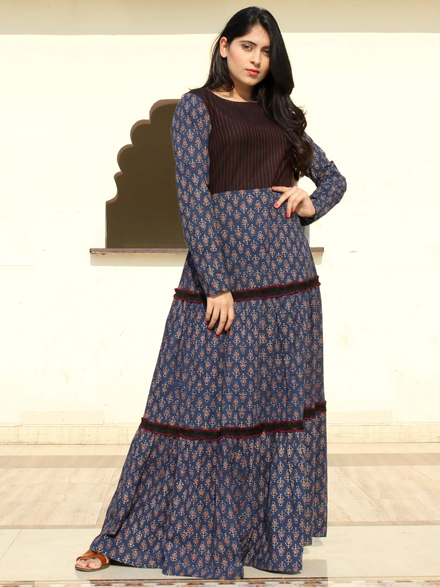 Firoza - Ajrakh Hand Block Printed Long Tiered Dress - D402F1517