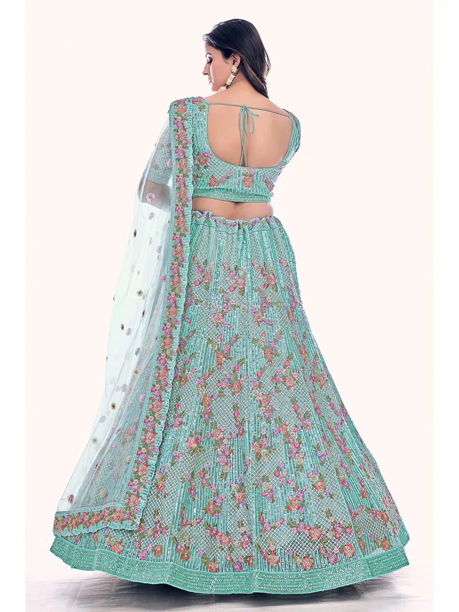 Firozi Soft Net Embroidered Designer Lehenga Choli