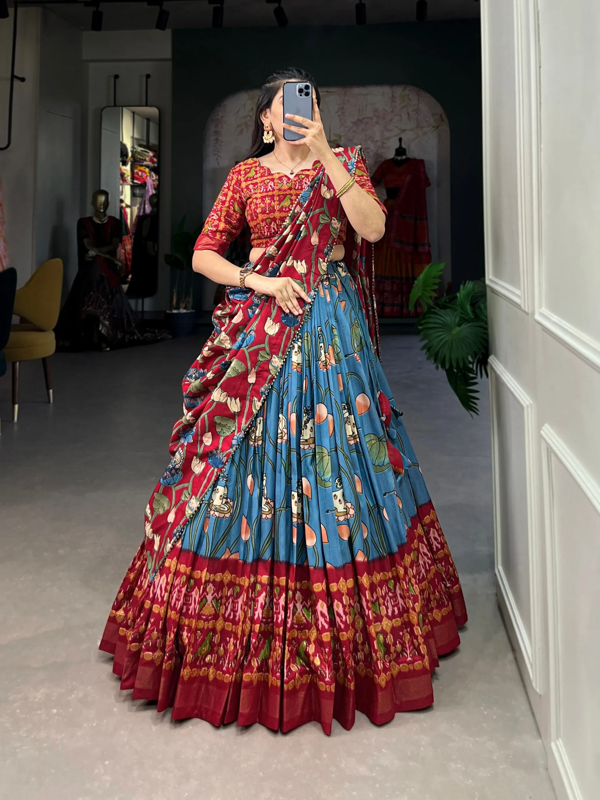 Firozi Tussar Silk Lehenga Choli with Pichwai & Patola Prints