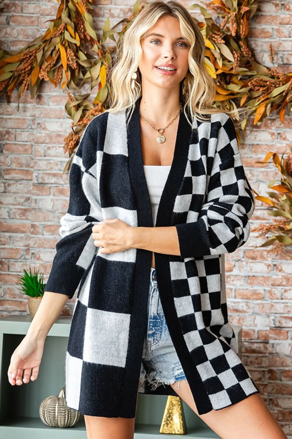 First Love Checkered Open Front Long Sleeve Cardigan