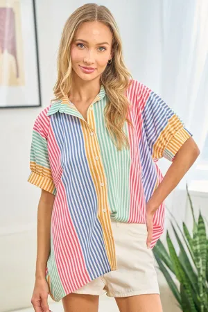 First Love Full Size Striped Button Down Short Sleeve Shirt