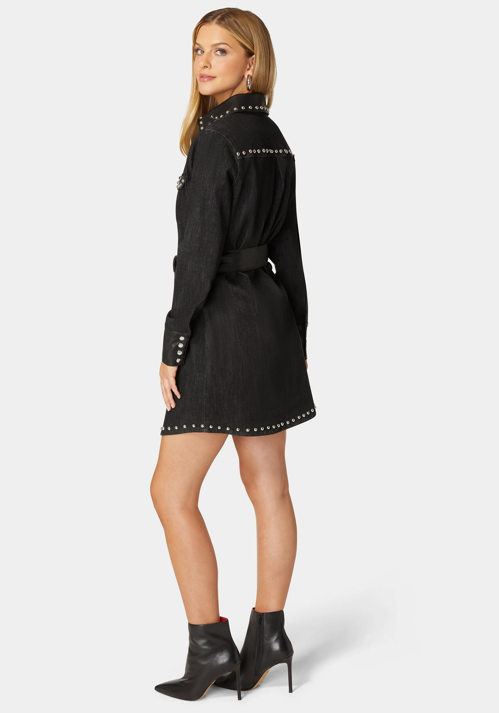 Fitted Combo Vegan Leather Studded Denim Shirt Dress