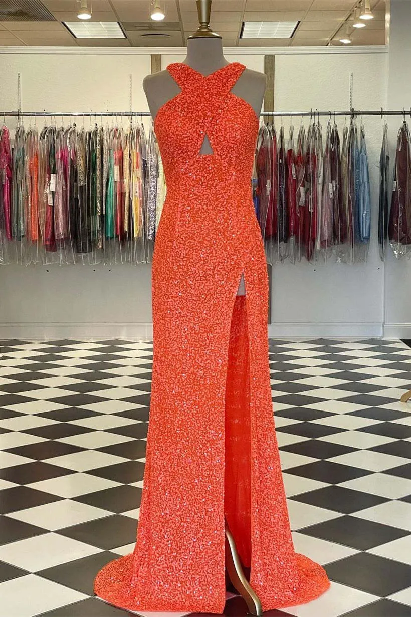 Fitted Criss Coss Neck Orange Prom Dress with Slit,Formal Dress with Sequins