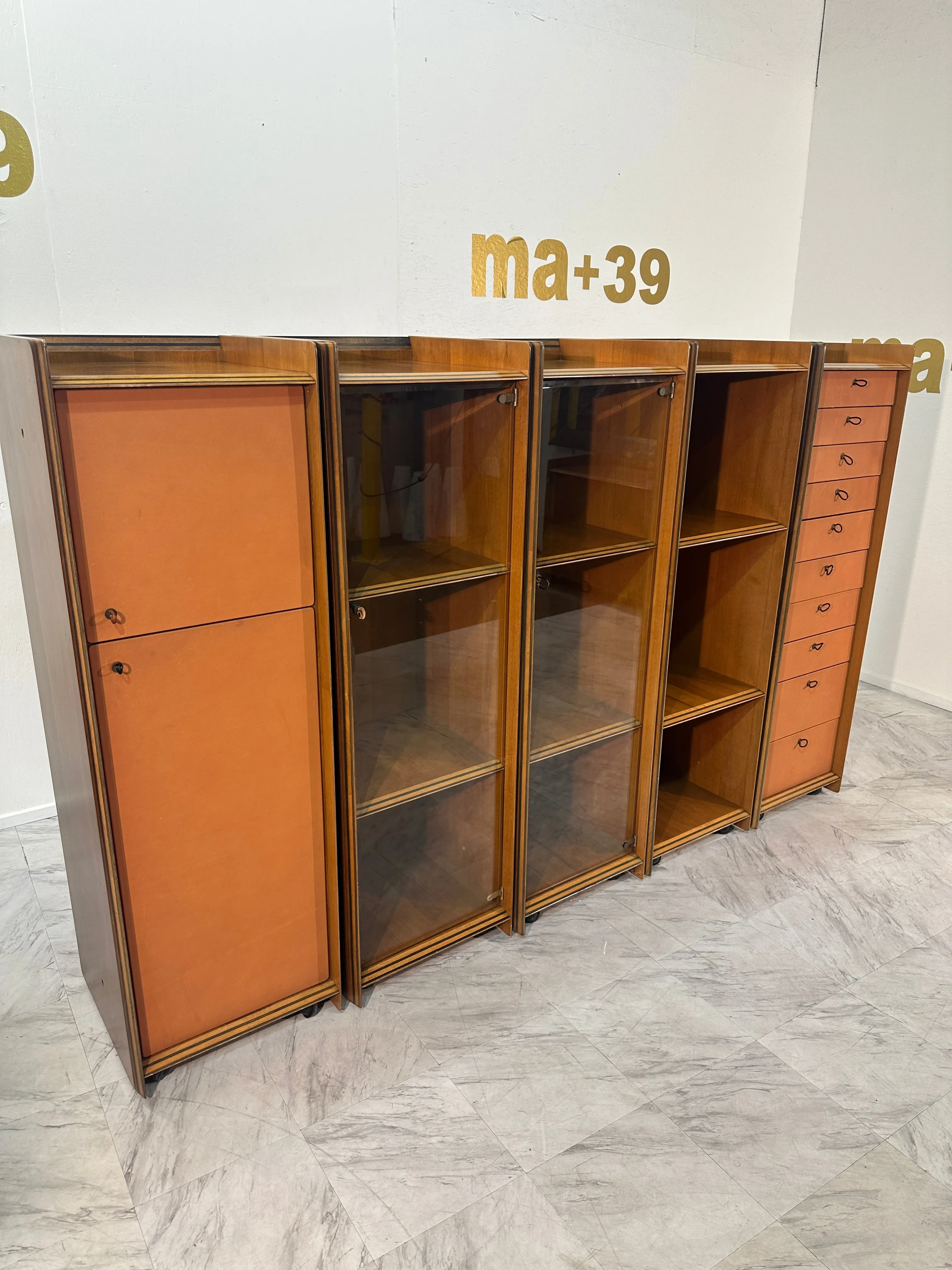 Five Leather and Walnut Artona Chests of Drawers by Afra & Tobia Scarpa for Maxalto