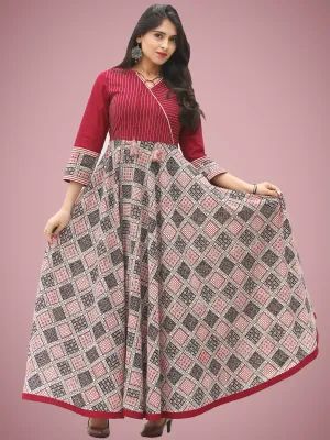 Fiza - Maroon Beige Hand Block Bagh Printed Urave Cut Long Dress - D397F2088