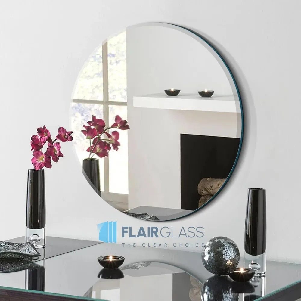 Flair Glass Frameless Round Beveled Wall Mirror for Bathroom, Wall Mount Mirror, Washbasin Mirror, Looking Mirror Glass, Mirror for Bedroom, Unframed Mirror (6 mm Thick, 30x30 inch)