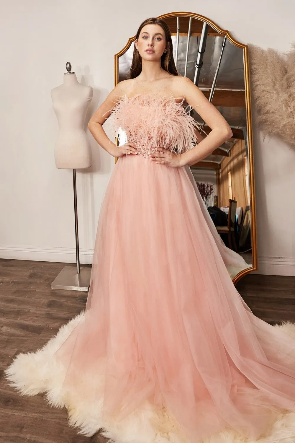 Flair Strapless Feather Adorned Ballgown Prom Dress 740864XR-Blush LaDivine CR864 Cinderella Divine CR864