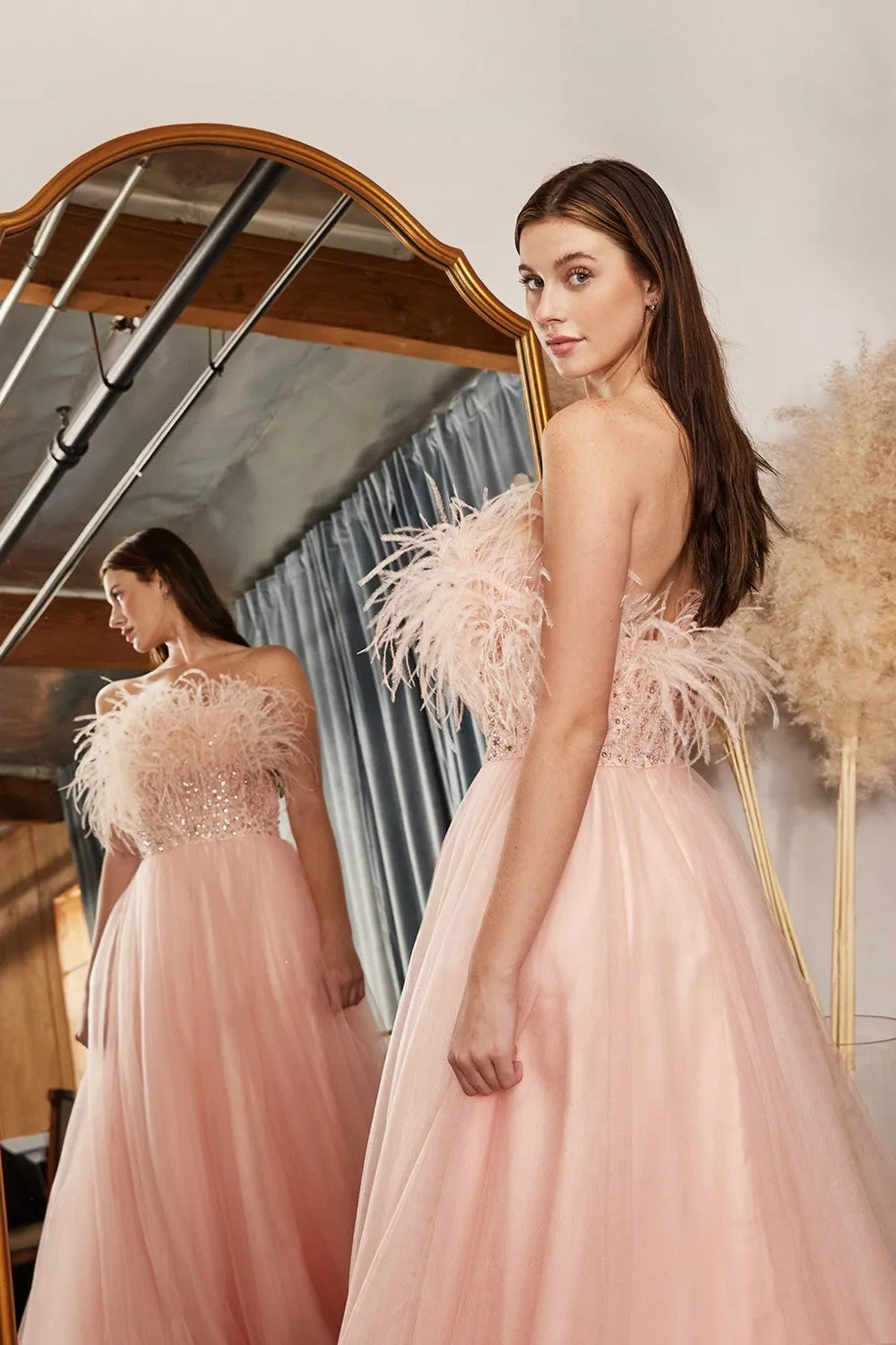 Flair Strapless Feather Adorned Ballgown Prom Dress 740864XR-Blush LaDivine CR864 Cinderella Divine CR864