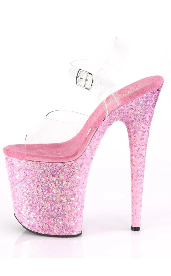 FLAMINGO-808CF Clear & Pink Glitter Heels