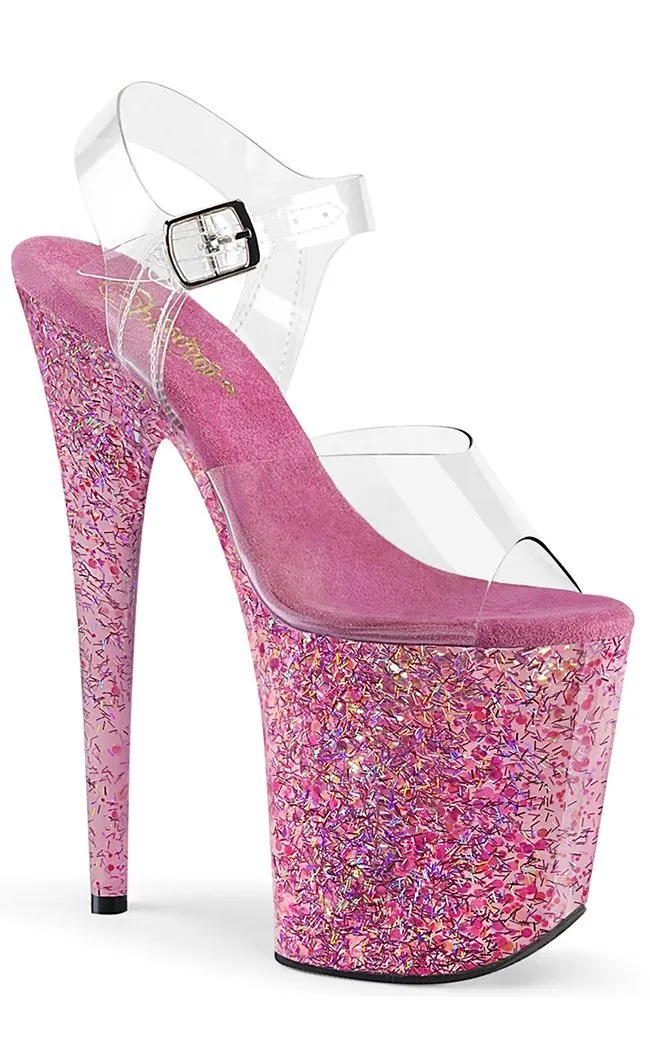 FLAMINGO-808CF Clear & Pink Glitter Heels